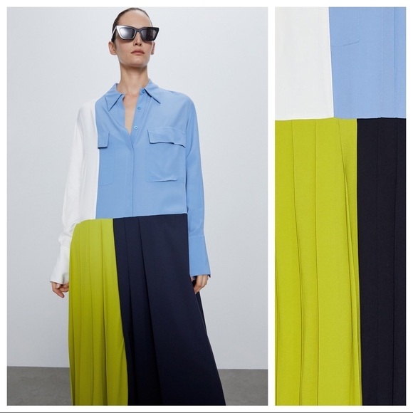 NWOT. Zara Pleated Patchwork Midi Dress. Size XS. - Picture 6 of 15